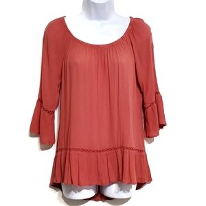 Fever Coral Crepe Long Sleeve Peasant Top